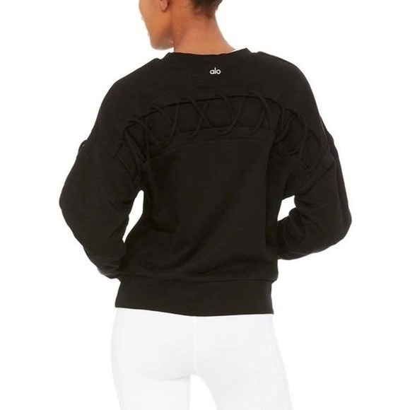 ALO Yoga Tops - Alo Yoga Lattice Long Sleeve Pullover Sweatshirt Black Size Medium